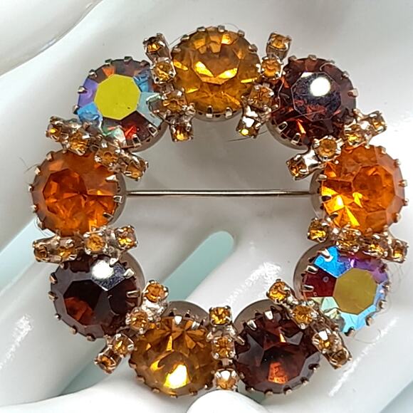 Vintage Karu Arke Style Autumn Rhinestone Wreath Brooch Topaz AB 1.75\